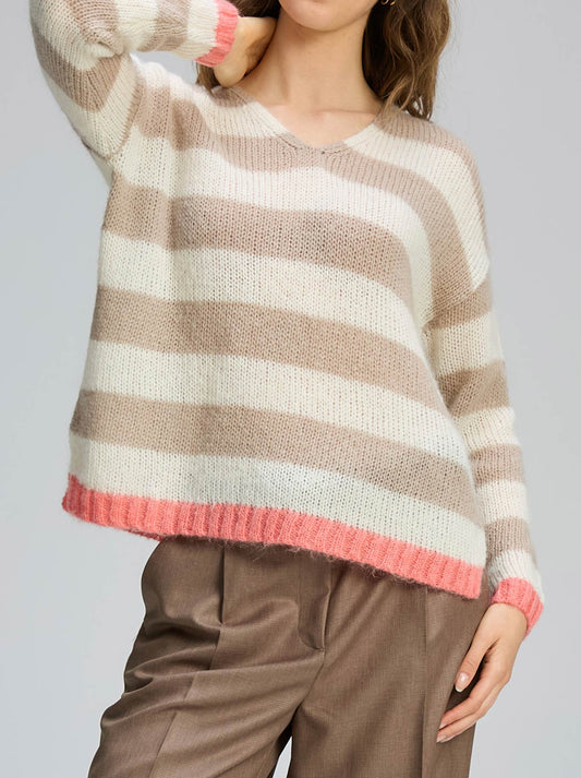 Image of a model wearing Outerwear. Productname: Zaket & Plover Cozy Kid Stripe V in Clay colour by brand - Zaket And Plover