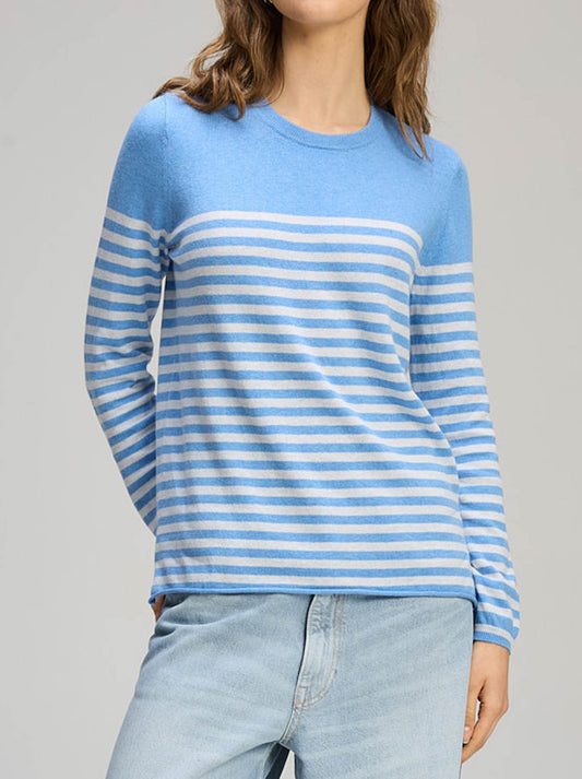 Image of a model wearing Outerwear. Product name - ZAKET & PLOVER DETAIL STRIPE CREW in Blueberry A colour by brand - Zaket And Plover