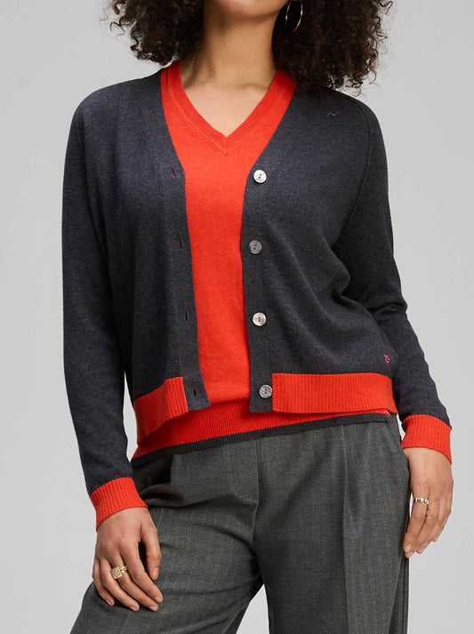 Image of a model wearing Outerwear. Productname: Zaket & Plover Essential V Neck Cardi in Charcoal colour by brand - Zaket And Plover