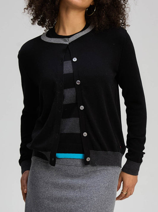 Image of a model wearing Outerwear. Productname: Zaket & Plover Essential Crew Cardi in Black colour by brand - Zaket And Plover