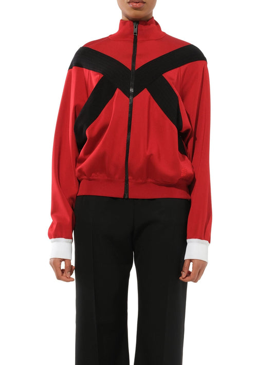 Image of a model wearing Outerwear. Productname: GIVENCHY Zip Tri Turtleneck Sweater in Red colour by brand - GIVENCHY
