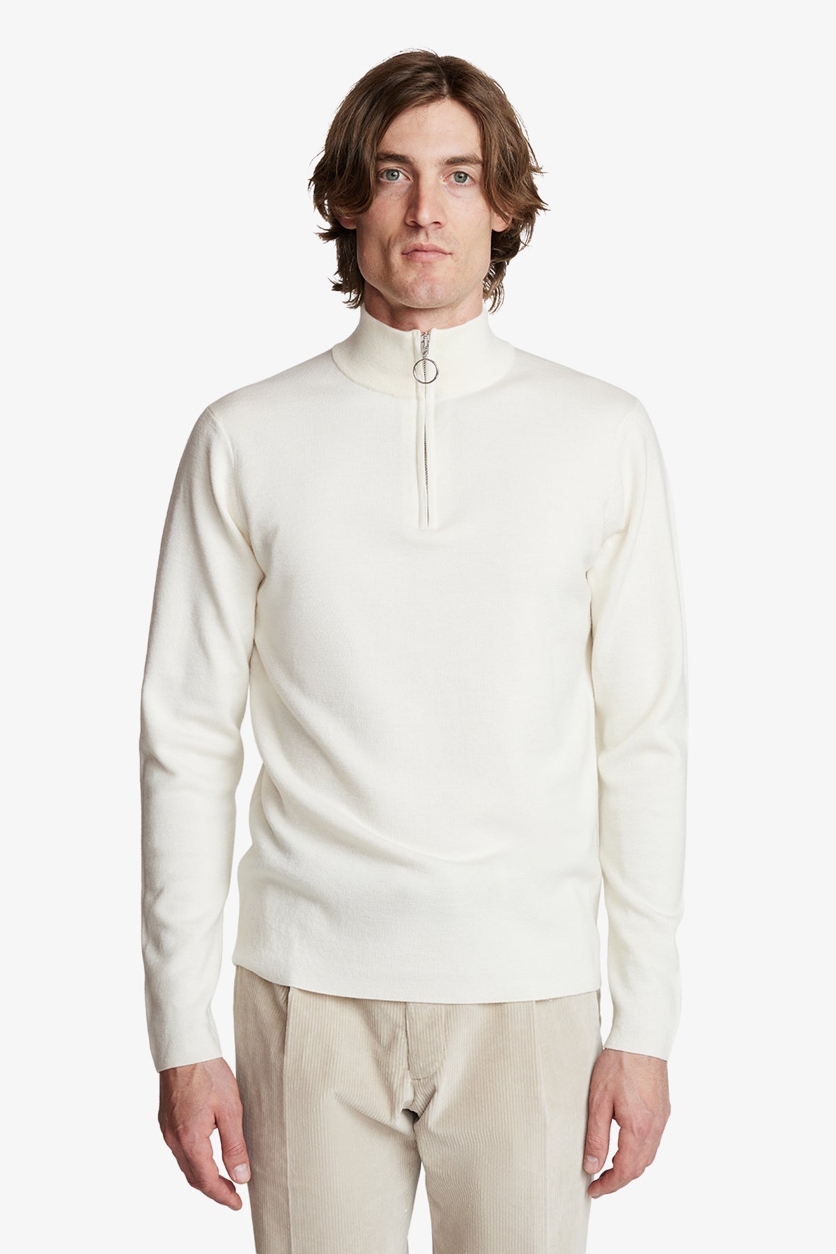 Image of a model wearing Outerwear. Product name - Zip White in White colour by brand - Anthony Squires