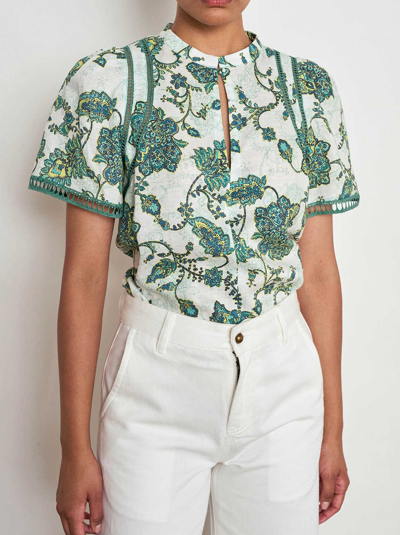 Image of a model wearing Tops. Product name - ZOE KRATZMANN CHARM TOP in Garden Paisley colour by brand - Zoe Kratzmann