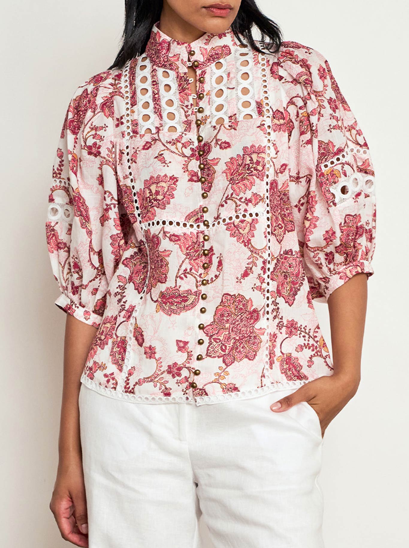 Image of a model wearing Tops. Product name - ZOE KRATZMANN EXTEND TOP in Rose Paisley colour by brand - Zoe Kratzmann