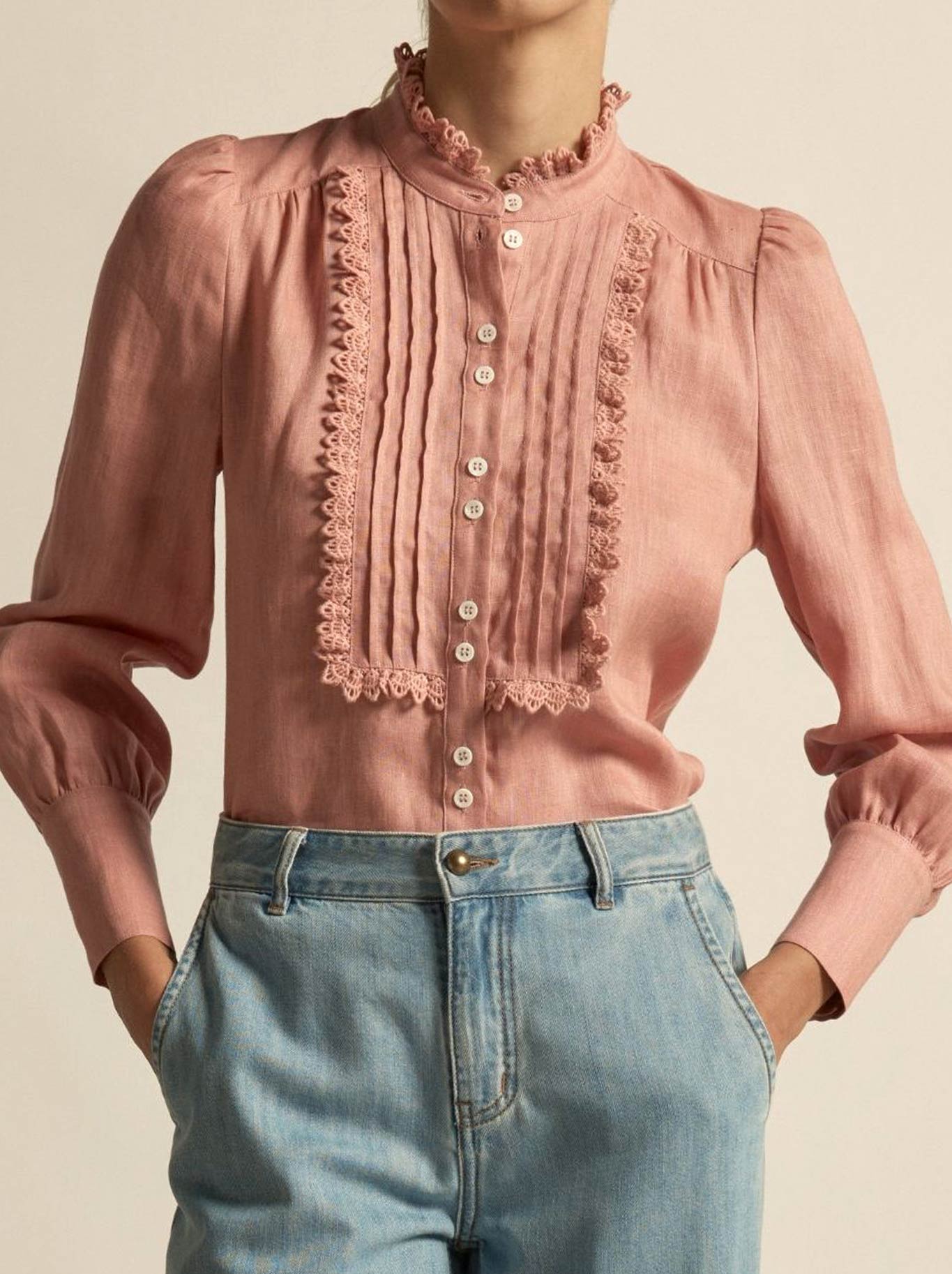 Image of a model wearing Tops. Productname: ZOE KRATZMANN HAZE TOP in Camelia colour by brand - Zoe Kratzmann