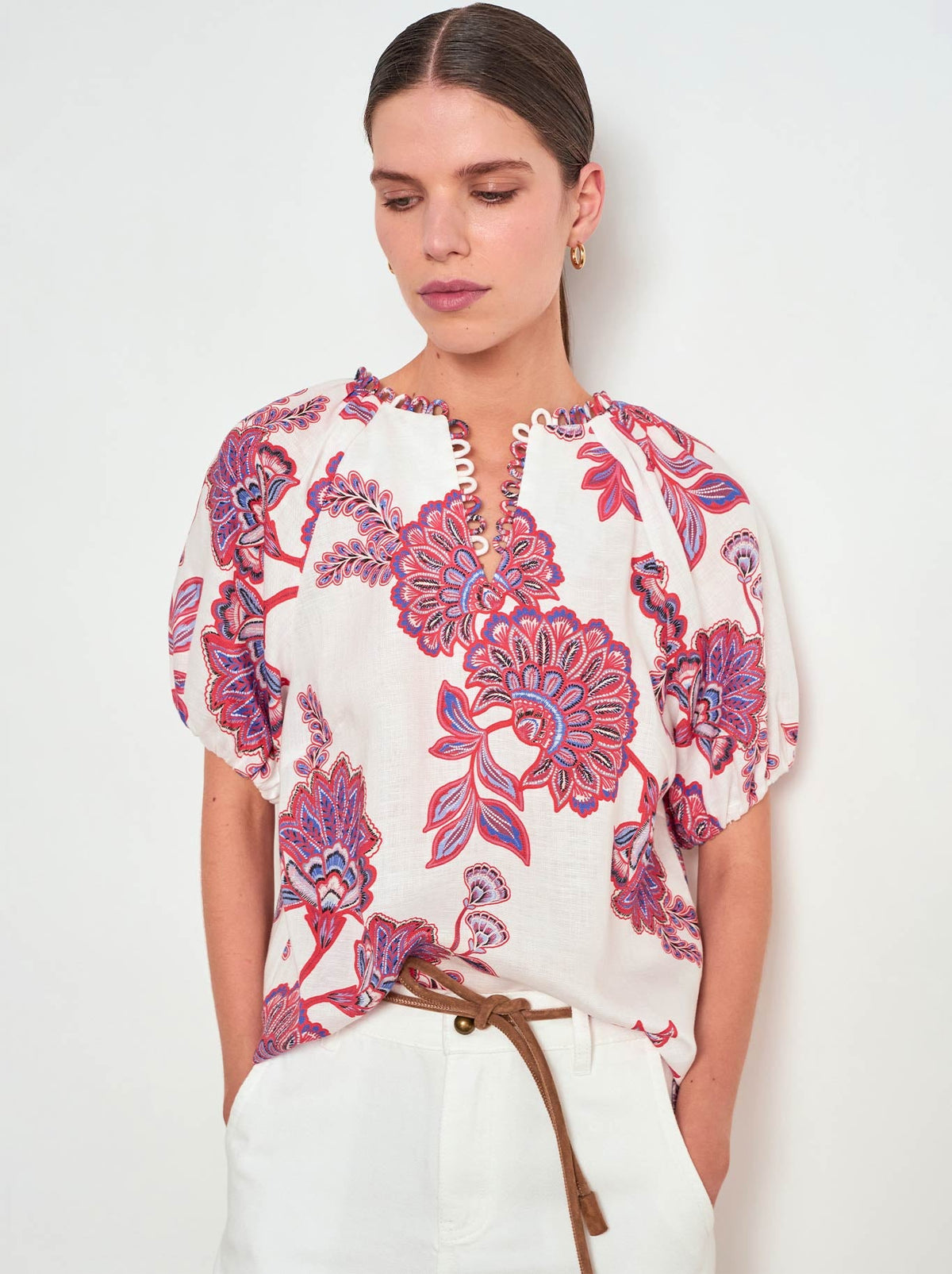 Image of a model wearing Tops. Product name - ZOE KRATZMANN PERCEIVE TOP in Crimson Kgari colour by brand - Zoe Kratzmann