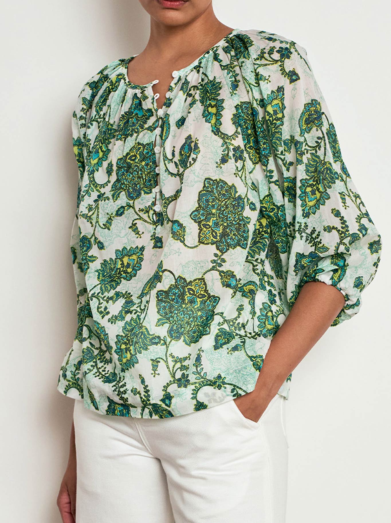 Image of a model wearing Tops. Product name - ZOE KRATZMANN VOW TOP in Garden Paisley colour by brand - Zoe Kratzmann