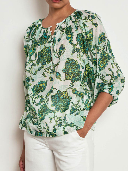 Image of a model wearing Tops. Product name - ZOE KRATZMANN VOW TOP in Garden Paisley colour by brand - Zoe Kratzmann