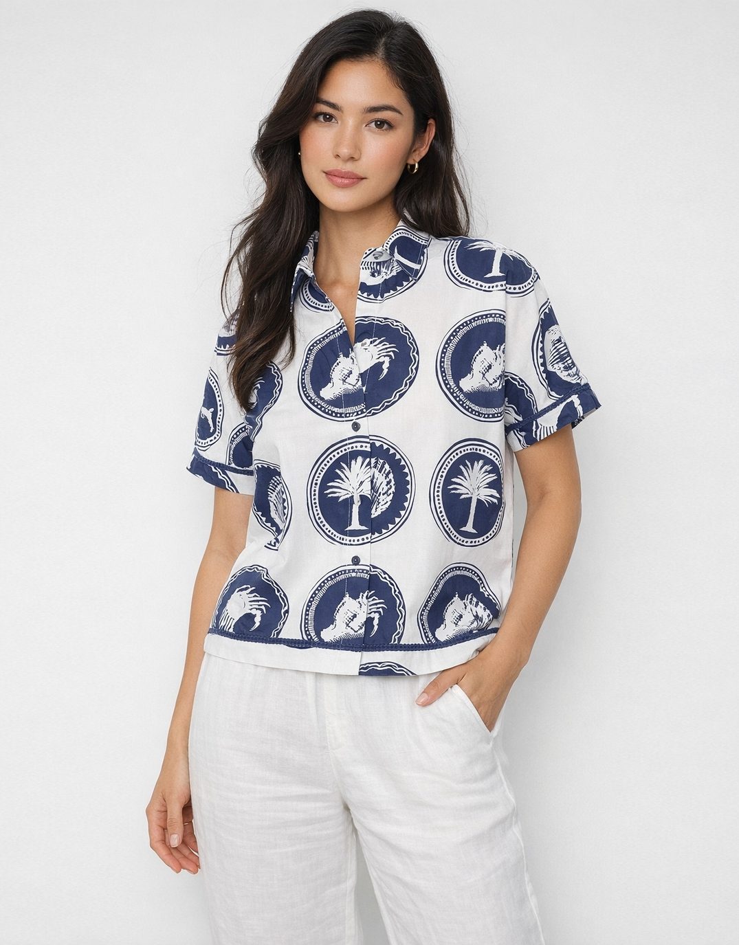 Image of a model wearing Tops. Productname: Millie Whitehaven Printed Shirt - in Navy colour by brand - Adorne