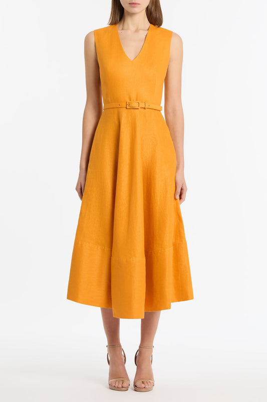 Image of Dresses. Productname: Amber Linen Belted Midi Dress in Orange colour by brand - Carla Zampatti
