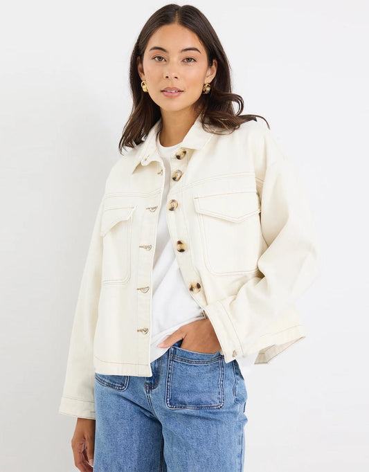 Image of Jackets. Product name - Echo Patch Pocket Denim Jacket Ecru in Ecru colour by brand - Among The Brave