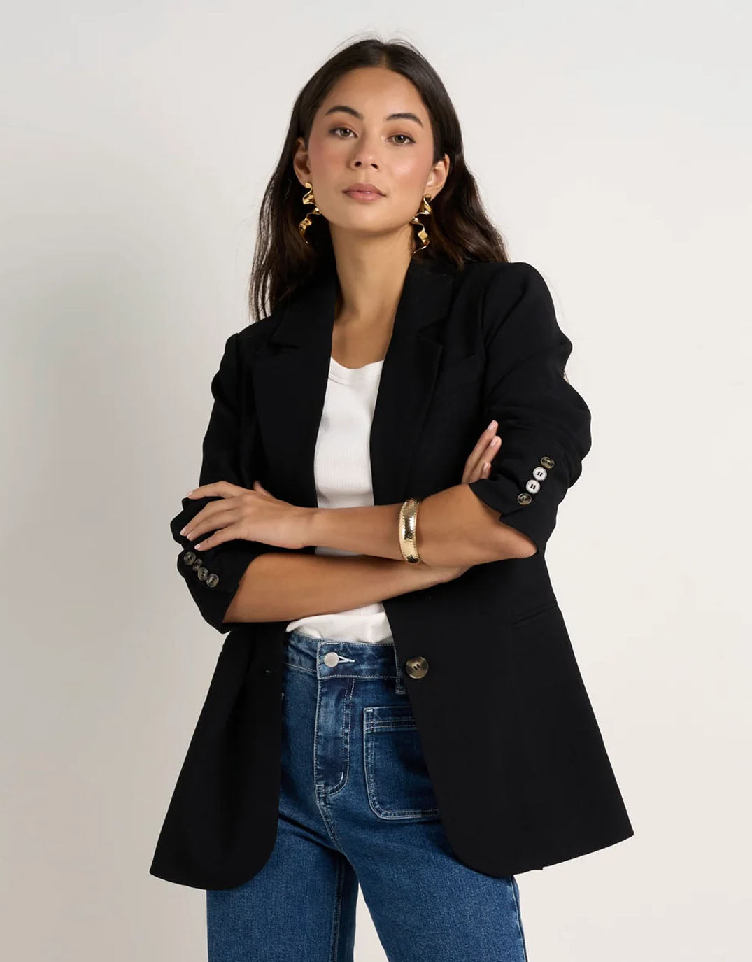 Image of Jackets. Productname: Bestie Crepe Relaxed Fit Blazer - in Black colour by brand - Among the Brave