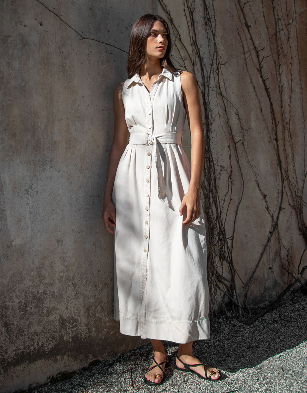 Image of Dresses. Productname: Crescent Denim Sleeveless Midi Shirt Dress - in Ecru colour by brand - Among the Brave