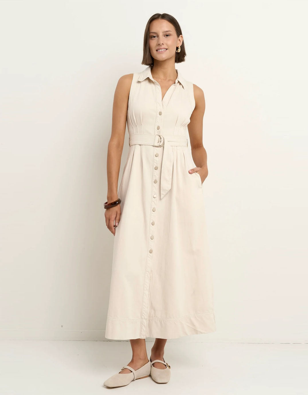 Among the Brave Crescent Denim Sleeveless Midi Shirt Dress (Ecru)