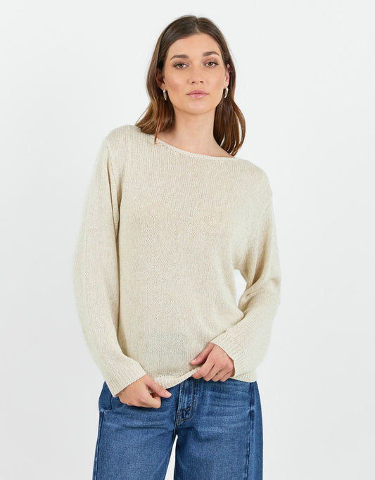 Image of a model wearing Outerwear. Product name - Eventide Boat Neck Long Sleeve Jumper Natural in Natural colour by brand - Among The Brave