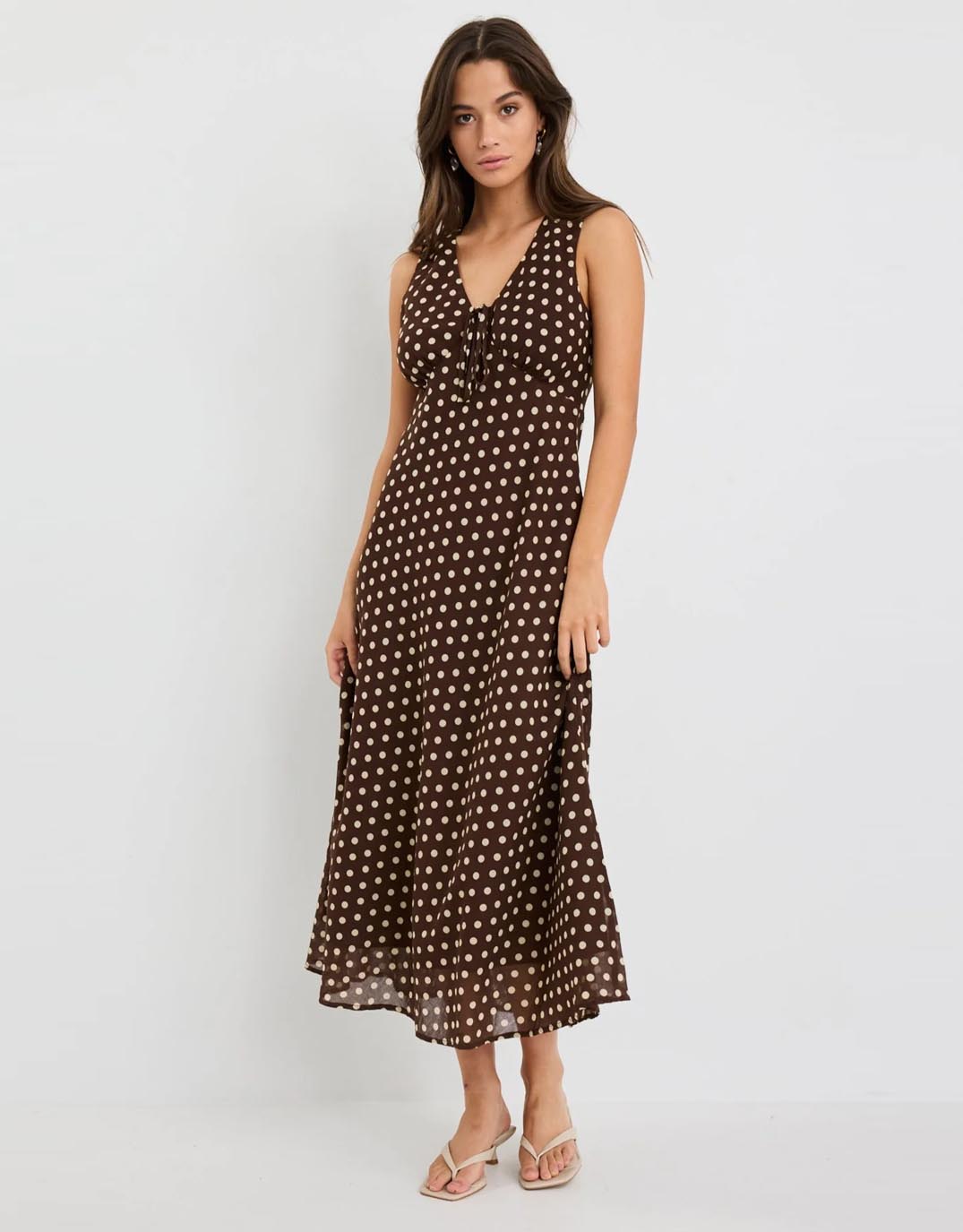 Among the Brave Infinity Sleeveless Bias Midi Dress (Chocolate Polka Dot)