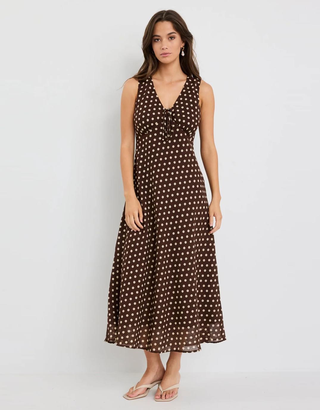 Among the Brave Infinity Sleeveless Bias Midi Dress (Chocolate Polka Dot)