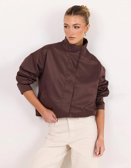 Image of Jackets. Product name - Landscape Funnel Neck Track Jacket Chocolate in Chocolate colour by brand - Among The Brave