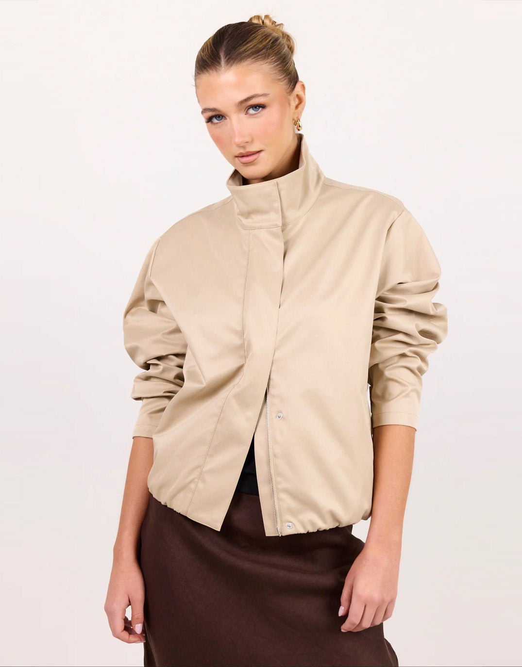 Image of Jackets. Product name - Landscape Funnel Neck Track Jacket Taupe in Taupe colour by brand - Among The Brave