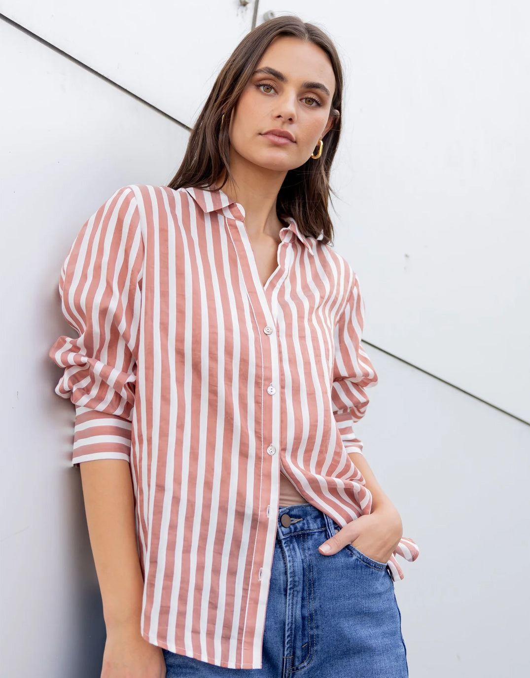 Image of a model wearing Tops. Product name - Narrative Semi Sheer Long Sleeve Shirt Ochre Stripe in Ochre Stripe colour by brand - Among the Brave
