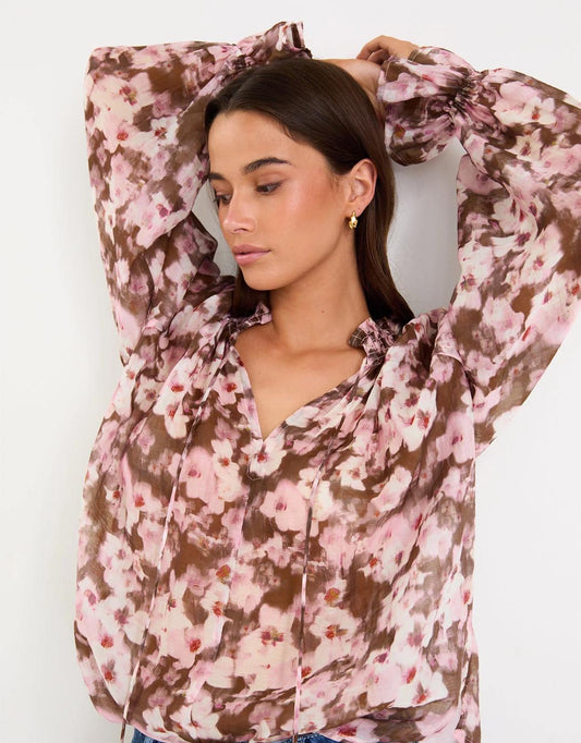 Image of a model wearing Tops. Productname: Odyssey Shirred Neck Top - in Blush Chocolate colour by brand - Among the Brave