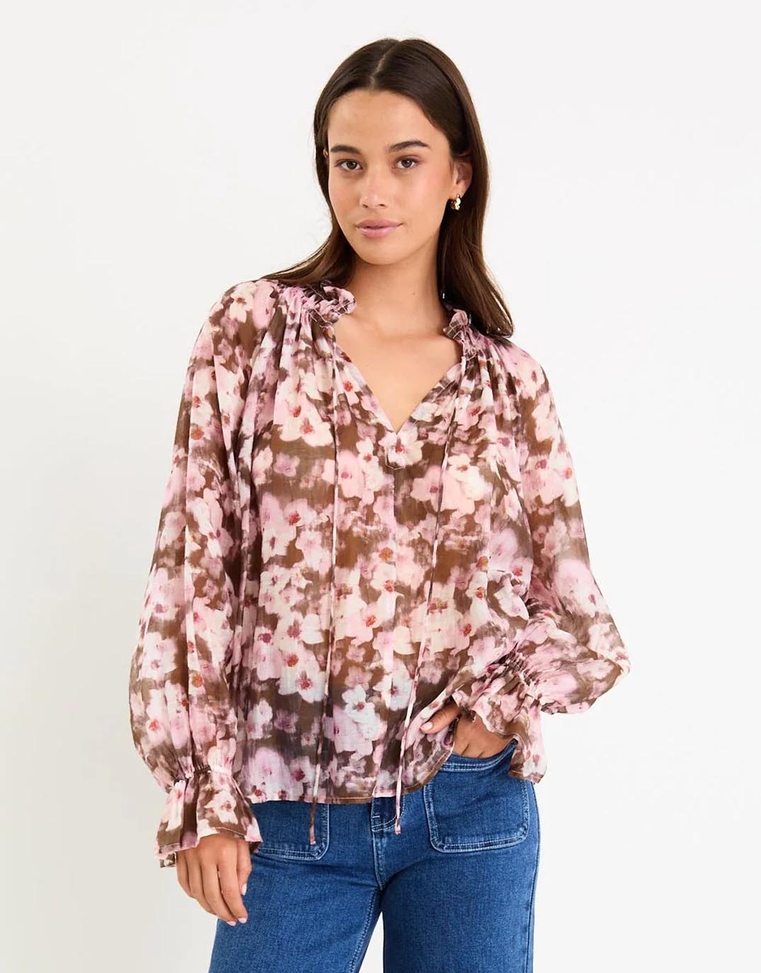 Among the Brave Odyssey Shirred Neck Top (Blush Chocolate)