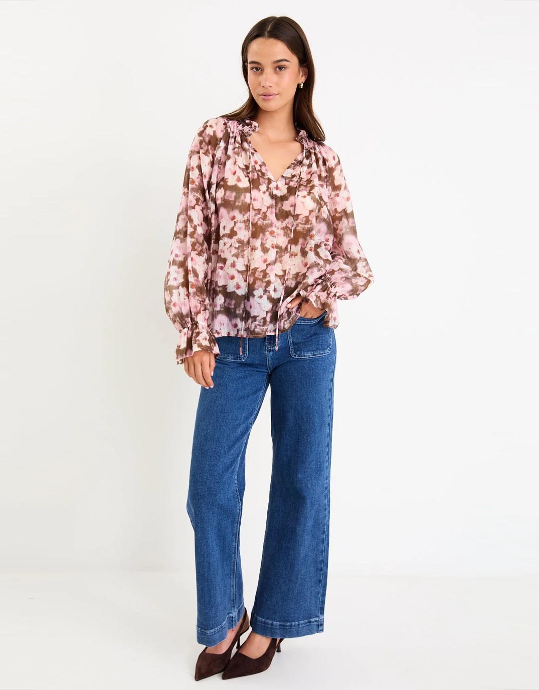 Among the Brave Odyssey Shirred Neck Top (Blush Chocolate)