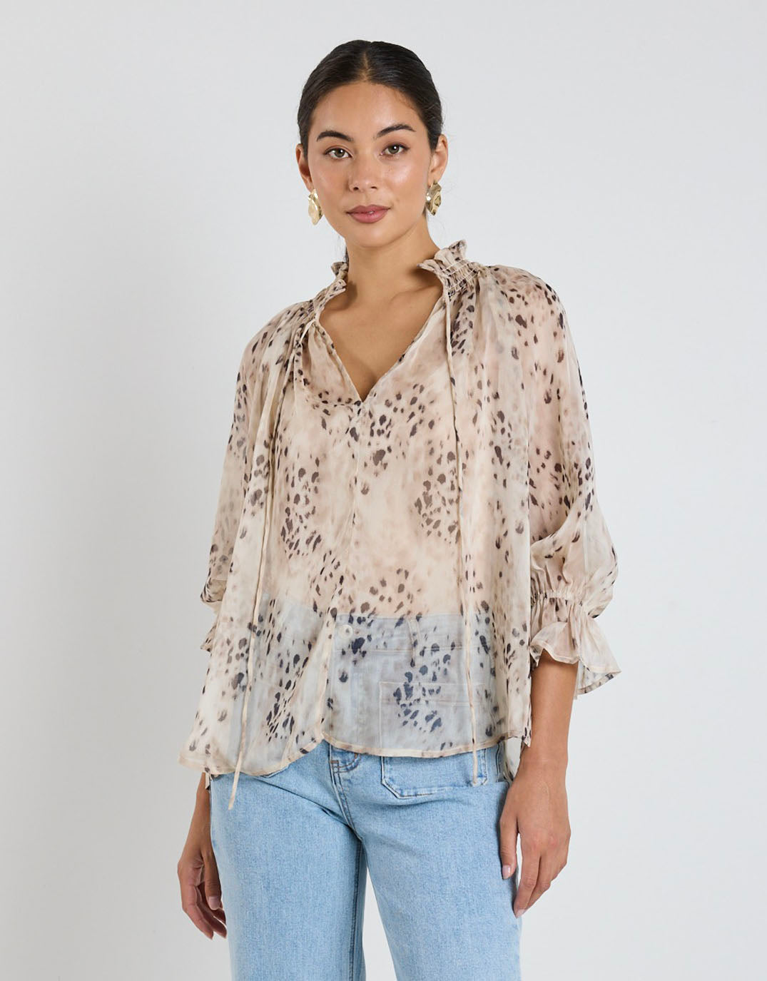 Among The Brave Odyssey Shirred Neck Top Beige Animal (Georgette)