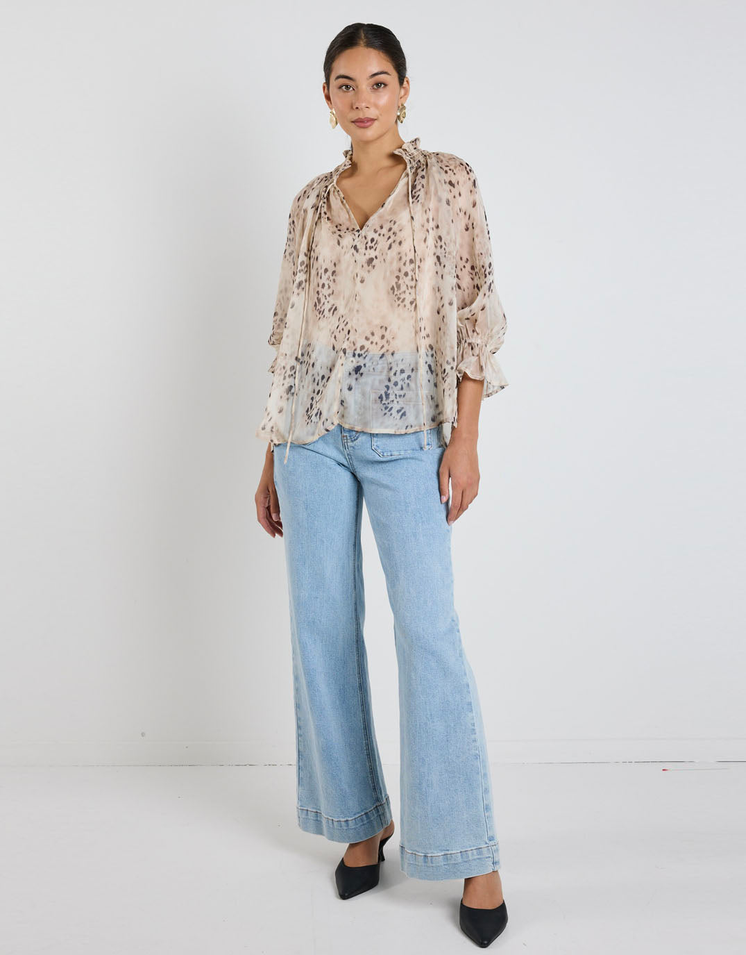 Among The Brave Odyssey Shirred Neck Top Beige Animal (Georgette)