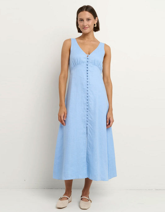 Image of Dresses. Productname: Panama Linen Sleeveless Button Front Midi Dress - in Sky Blue colour by brand - Among the Brave