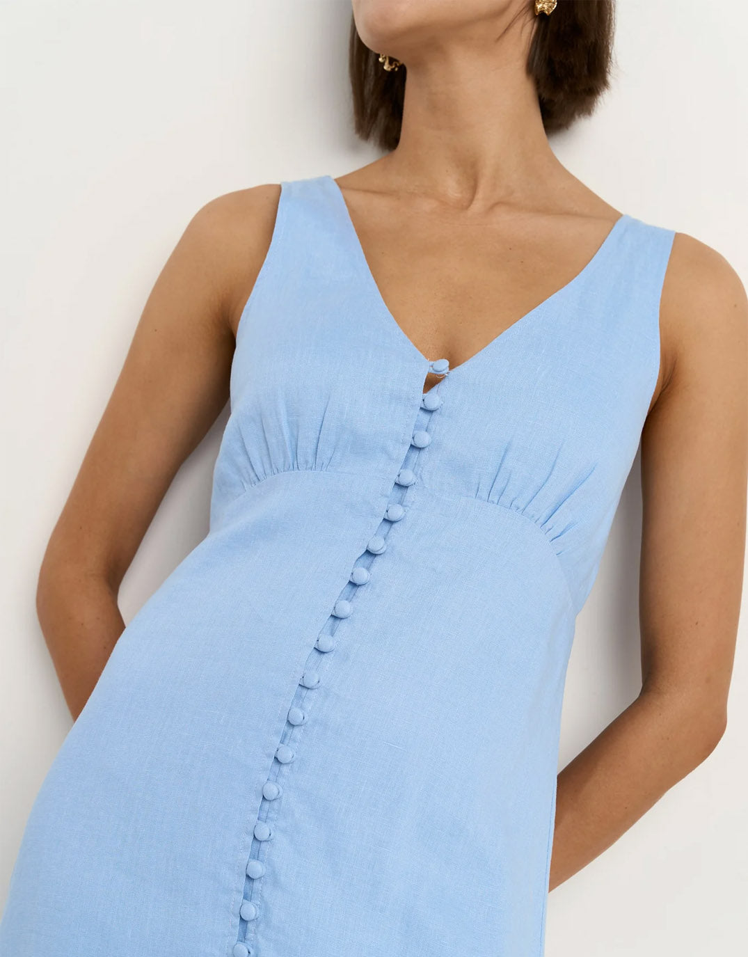 Among the Brave Panama Linen Sleeveless Button Front Midi Dress (Sky Blue)