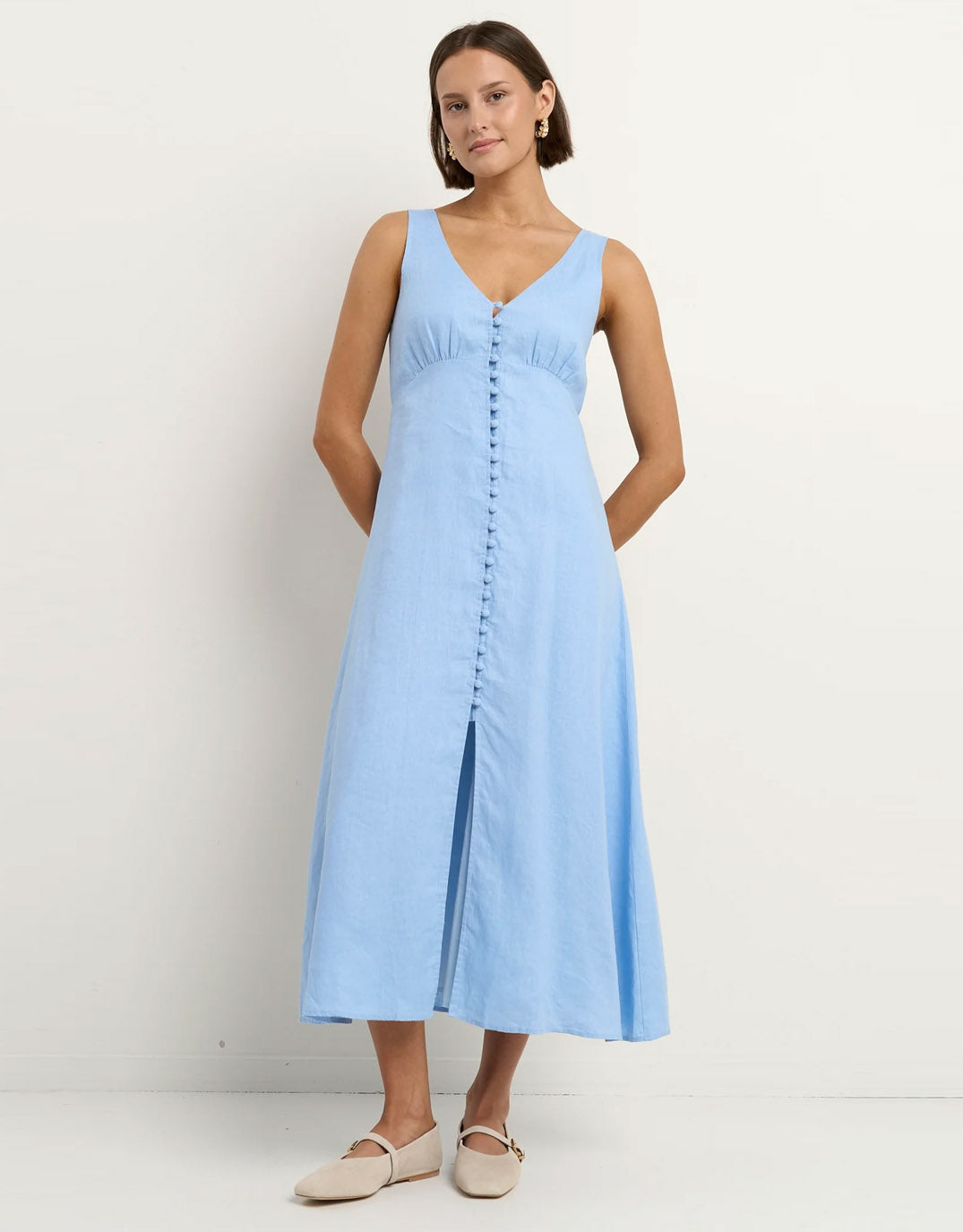 Among the Brave Panama Linen Sleeveless Button Front Midi Dress (Sky Blue)