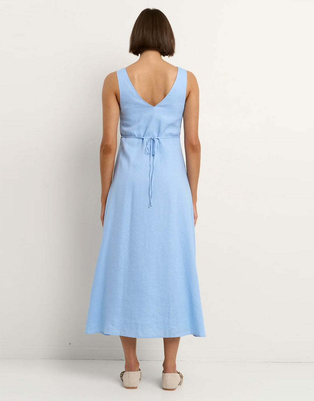 Among the Brave Panama Linen Sleeveless Button Front Midi Dress (Sky Blue)