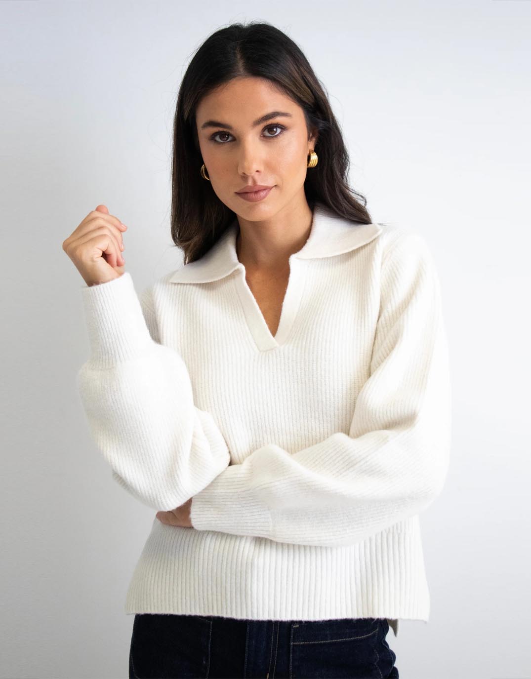 Image of a model wearing Outerwear. Productname: Truth Collar Chunky Knit Jumper - in Ivory colour by brand - Among the Brave