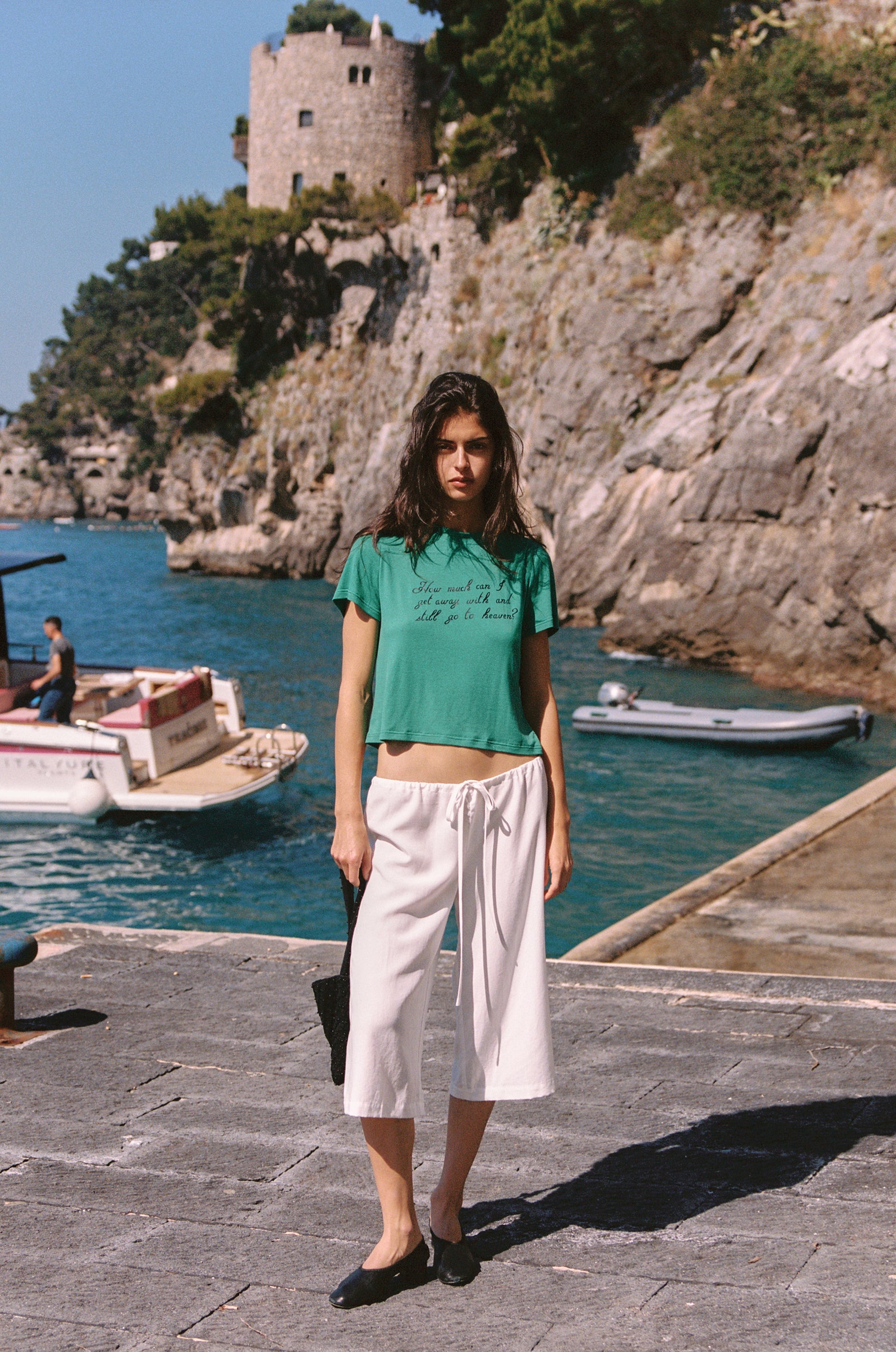 Image of a model wearing Pants. Product name - Arden Capri Pant in White colour by brand - With Jéan