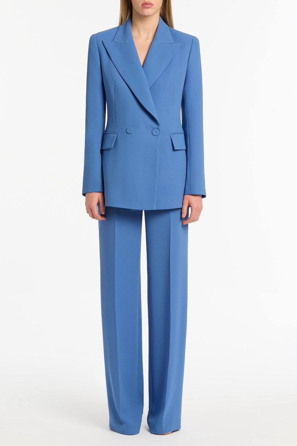 Image of Coats & Jackets. Product name - Atlas Crepe Double Breasted Relaxed Blazer in Blue colour by brand - Carla Zampatti