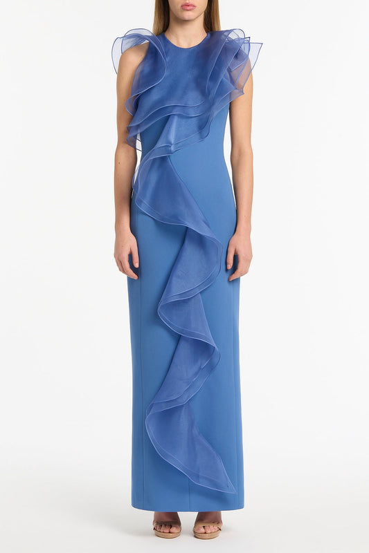 Image of Dresses. Product name - Atlas Crepe Ruffle Front Gown in Blue colour by brand - Carla Zampatti