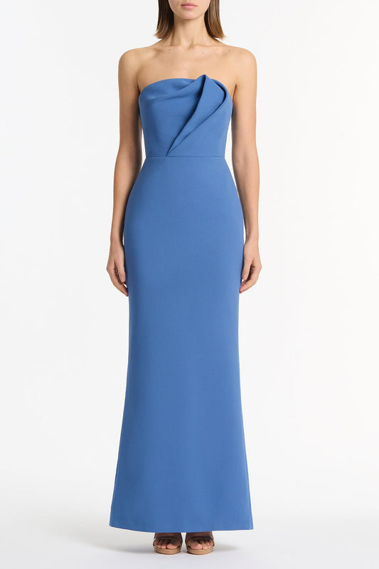 Image of Dresses. Product name - Atlas Crepe Sculptural Gown in Blue colour by brand - Carla Zampatti