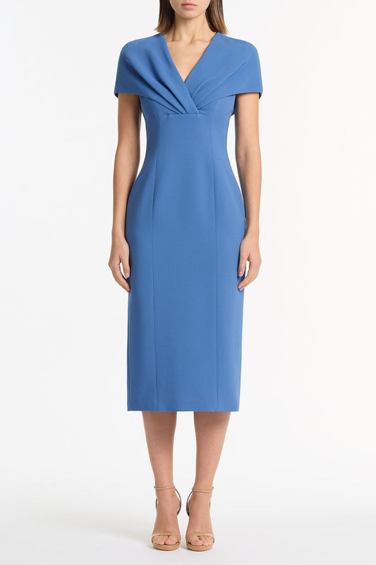 Image of Dresses. Product name - Atlas Crepe Tuck Midi Dress in Blue colour by brand - Carla Zampatti