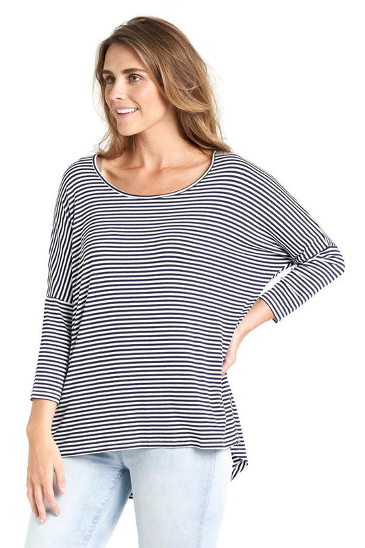 Image of a model wearing Tops. Productname: Betty Basics | Milan 3/4 Sleeve Top Navy Stripe in Navy colour by brand - Kabana