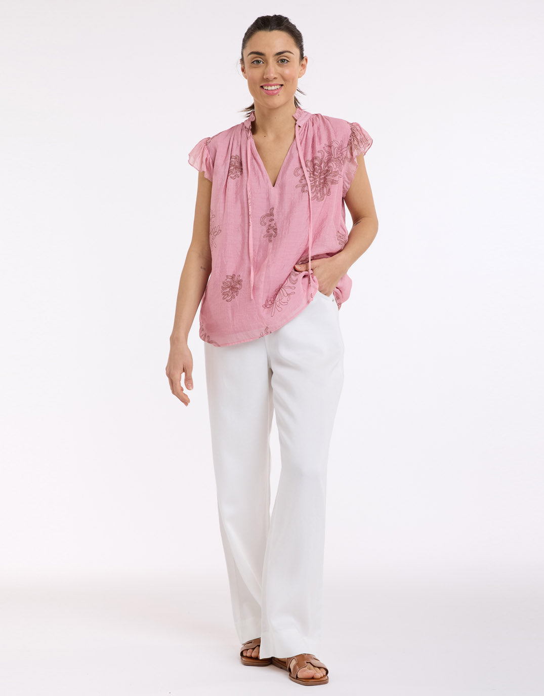 Beautiful Stories Frill Neck Top (Choc/Pink)