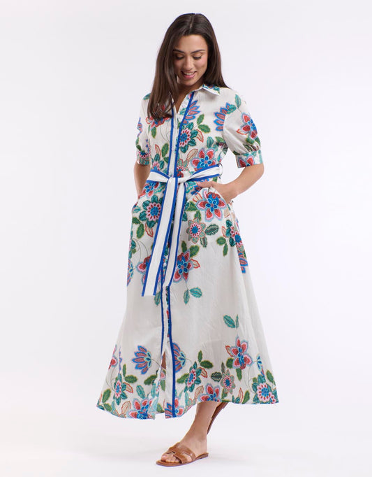 Image of Dresses. Productname: Mykonos Short Sleeve Dress - in White/Blue Print colour by brand - Beautiful Stories