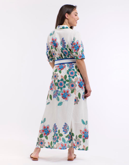 Mykonos Short Sleeve Dress - (White/Blue Print)