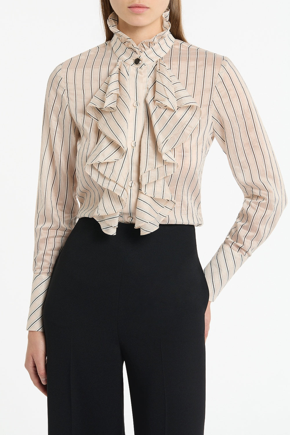 Carla Zampatti Beige Silk Tencel Stripe Frill Front Shirt (Pink)