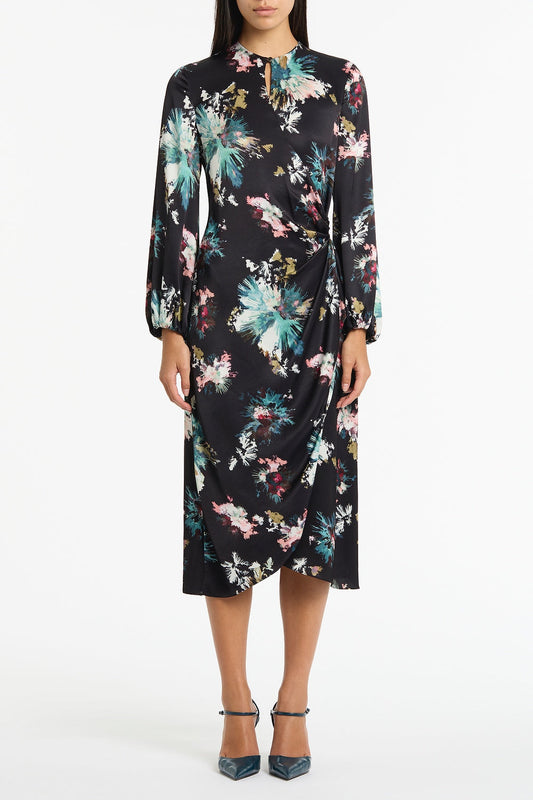 Image of Dresses. Product name - Belle De Jour Satin Acetate Keyhole Wrap Dress in Black colour by brand - Carla Zampatti