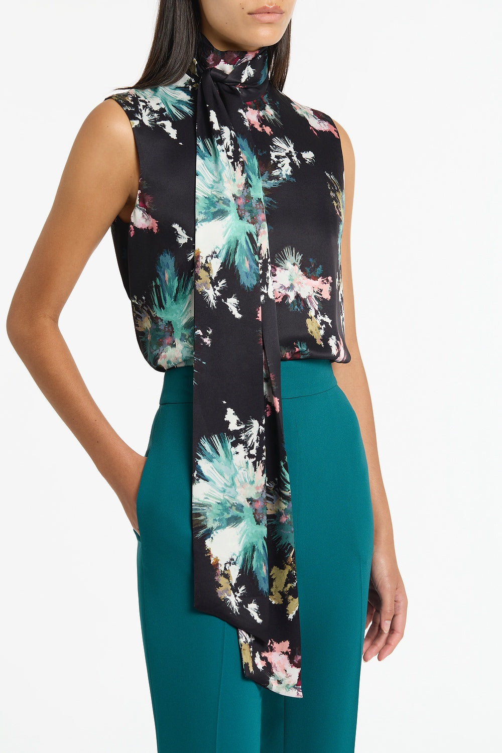 Carla Zampatti Belle De Jour Satin Acetate Tie Neck Top (Black)