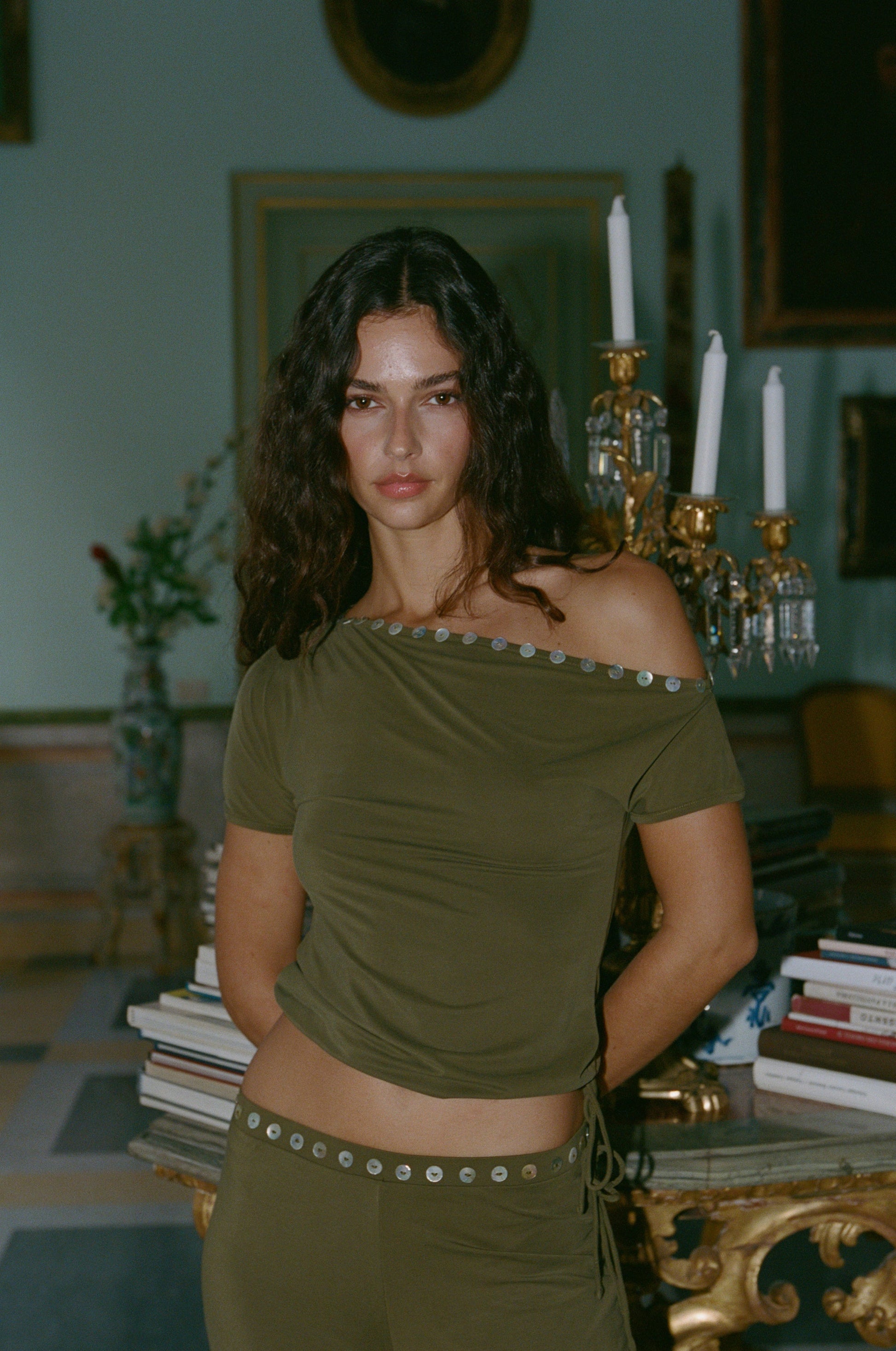 Image of a model wearing Tops. Product name - Benny Top in Khaki colour by brand - With Jéan