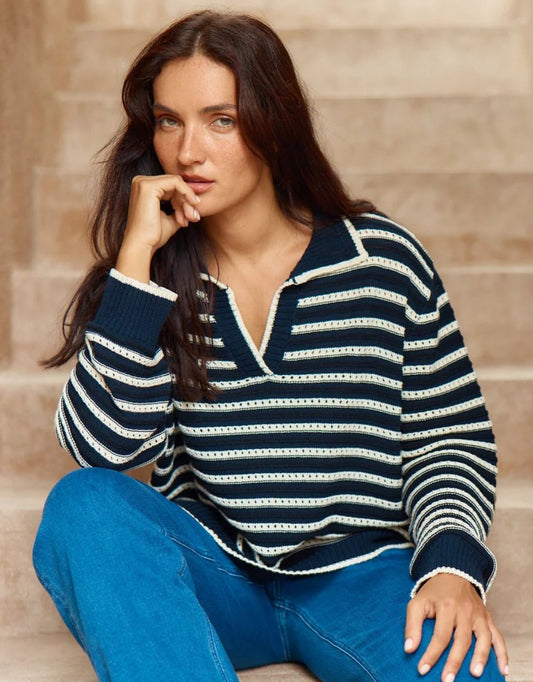 Image of a model wearing Outerwear. Productname: Aberdeen Polo Knit Sweat - in Navy Stripe colour by brand - Betty Basics