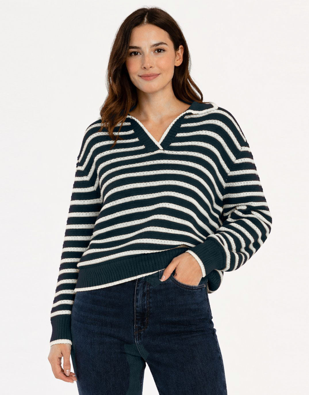 Betty Basics Aberdeen Polo Knit Sweat (Navy Stripe)