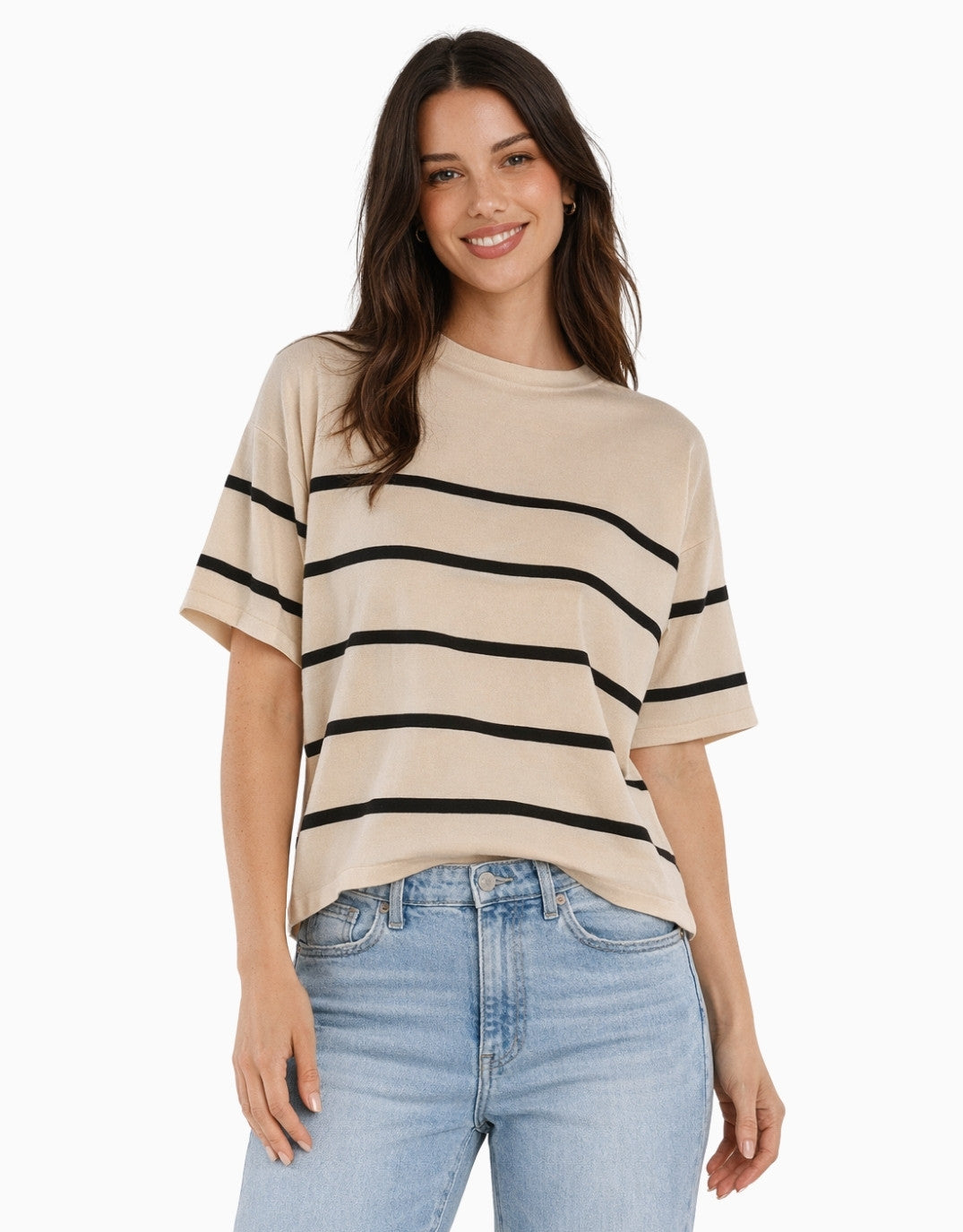 Image of a model wearing Outerwear. Productname: Bailey Box Sweater - in Cream/Licorice colour by brand - Betty Basics